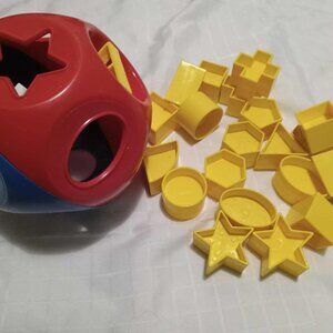Vintage Tupperware Shape-O red and blue ball with two set yellow blocks (no box)